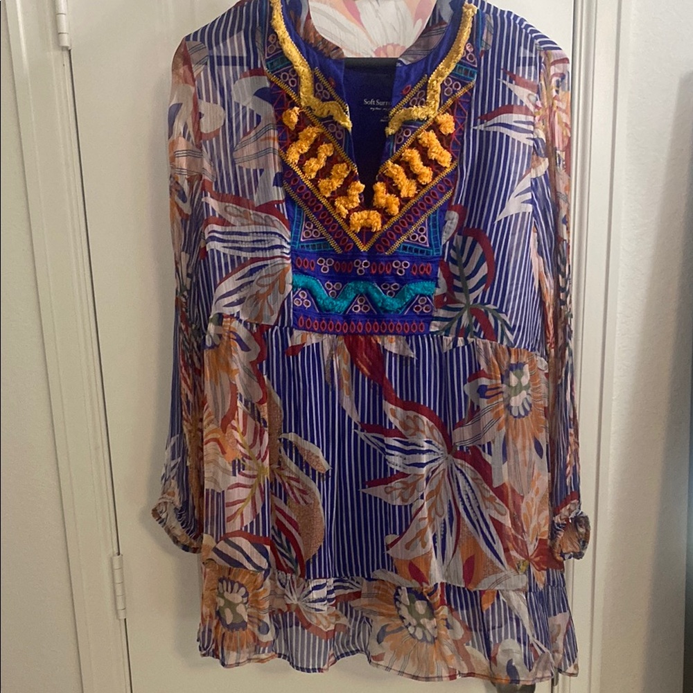 Soft Surroundings Tory Tunic Blue and White Embellished 3/4 Sleeve Blouse